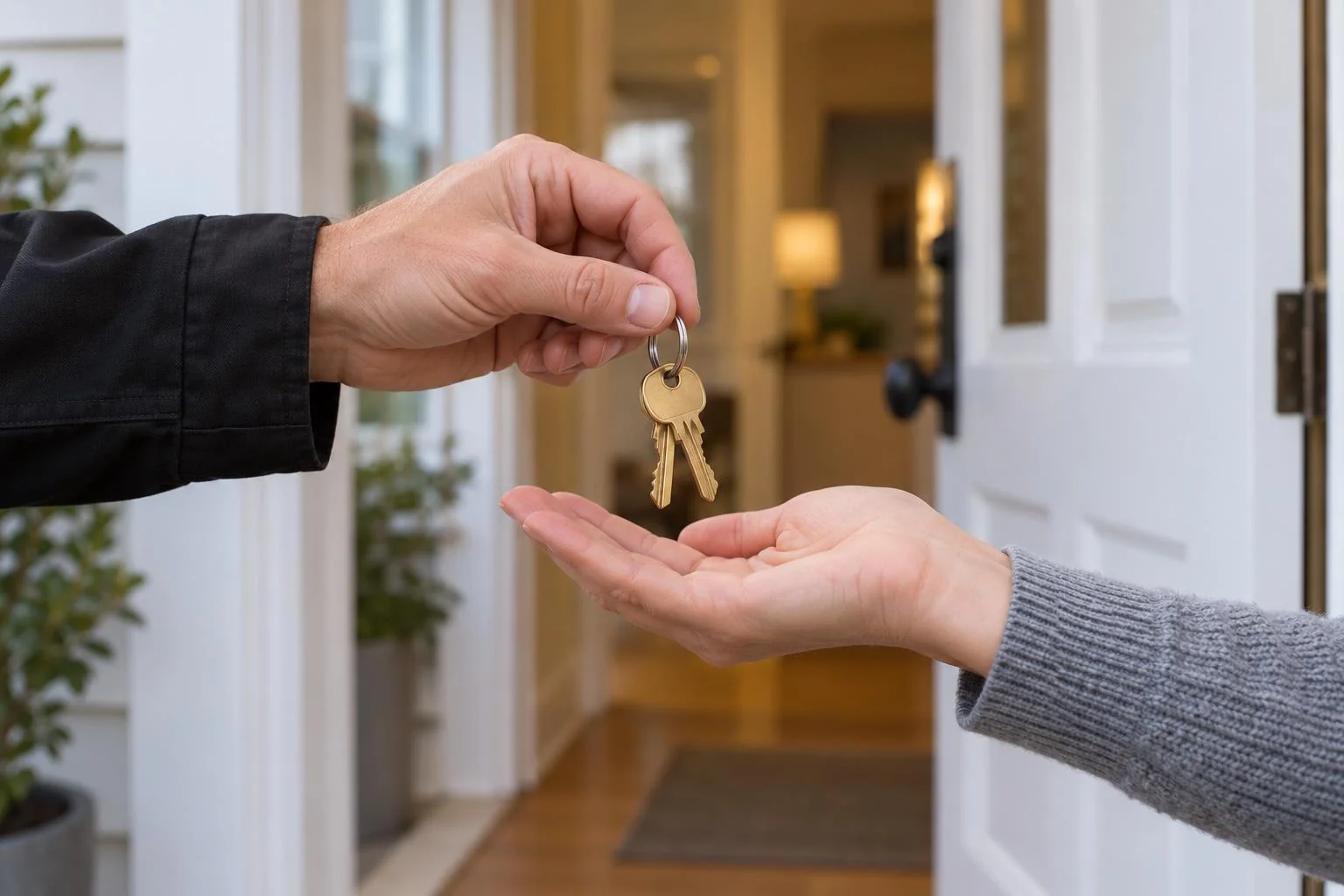 Two hands passing a pair of house keys beside an open front door