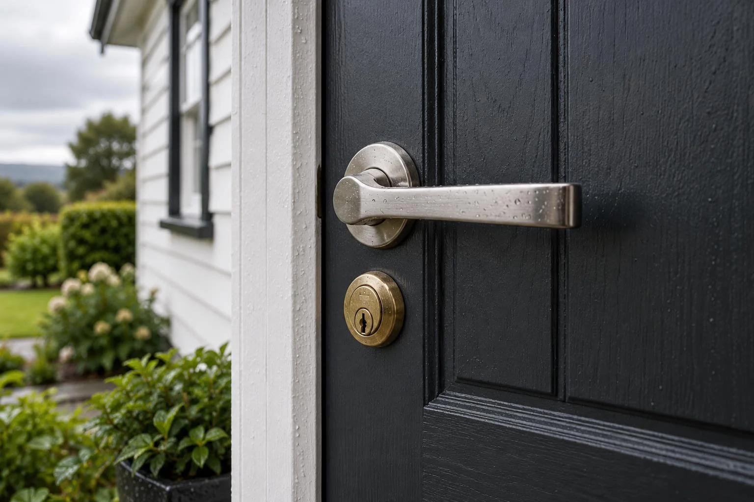 Metal door handle and brass cylinder on a rain-damp timber front door